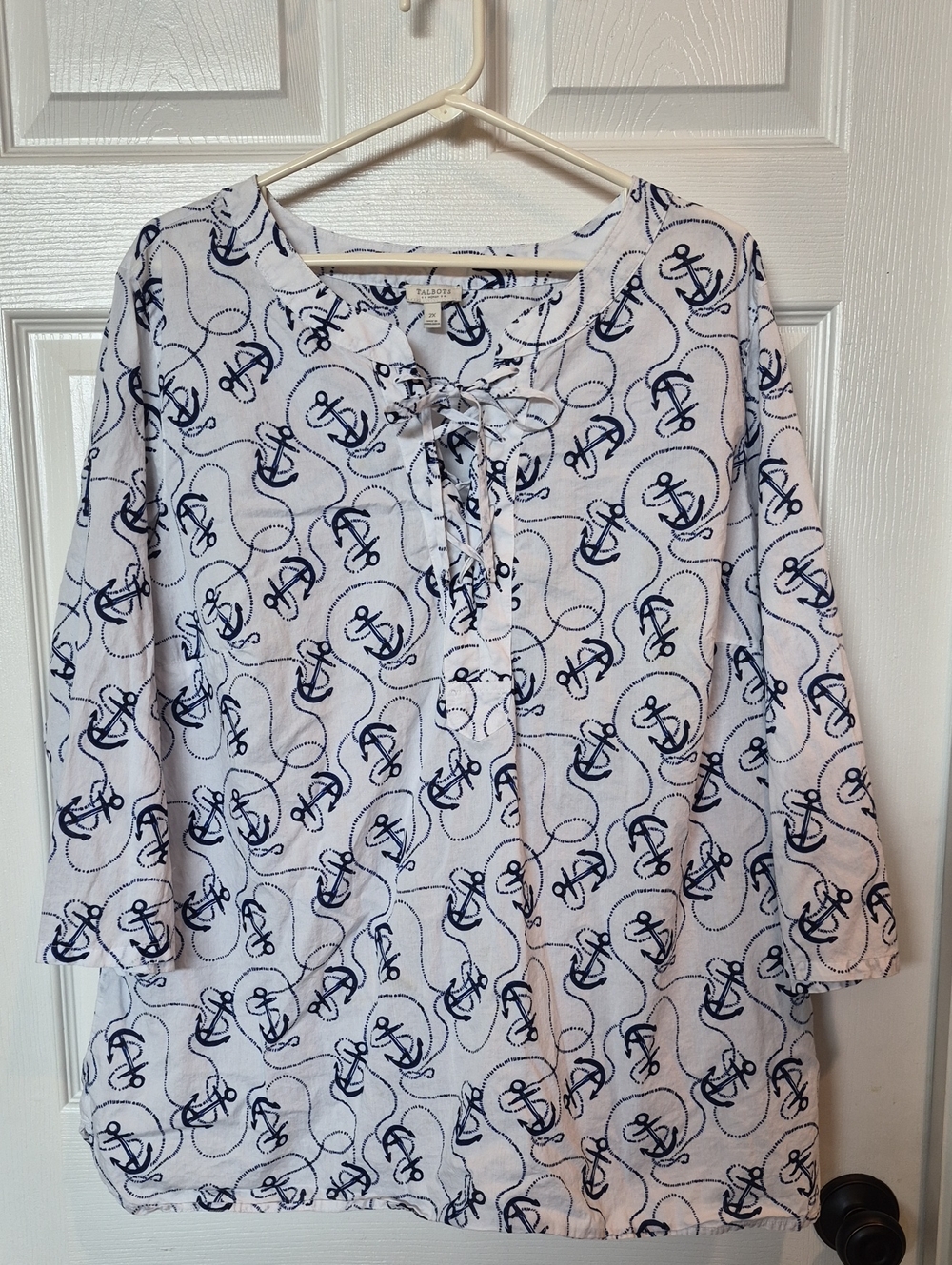 Talbots White Tunic Top with Navy Anchor Print and Lace-Up Neck